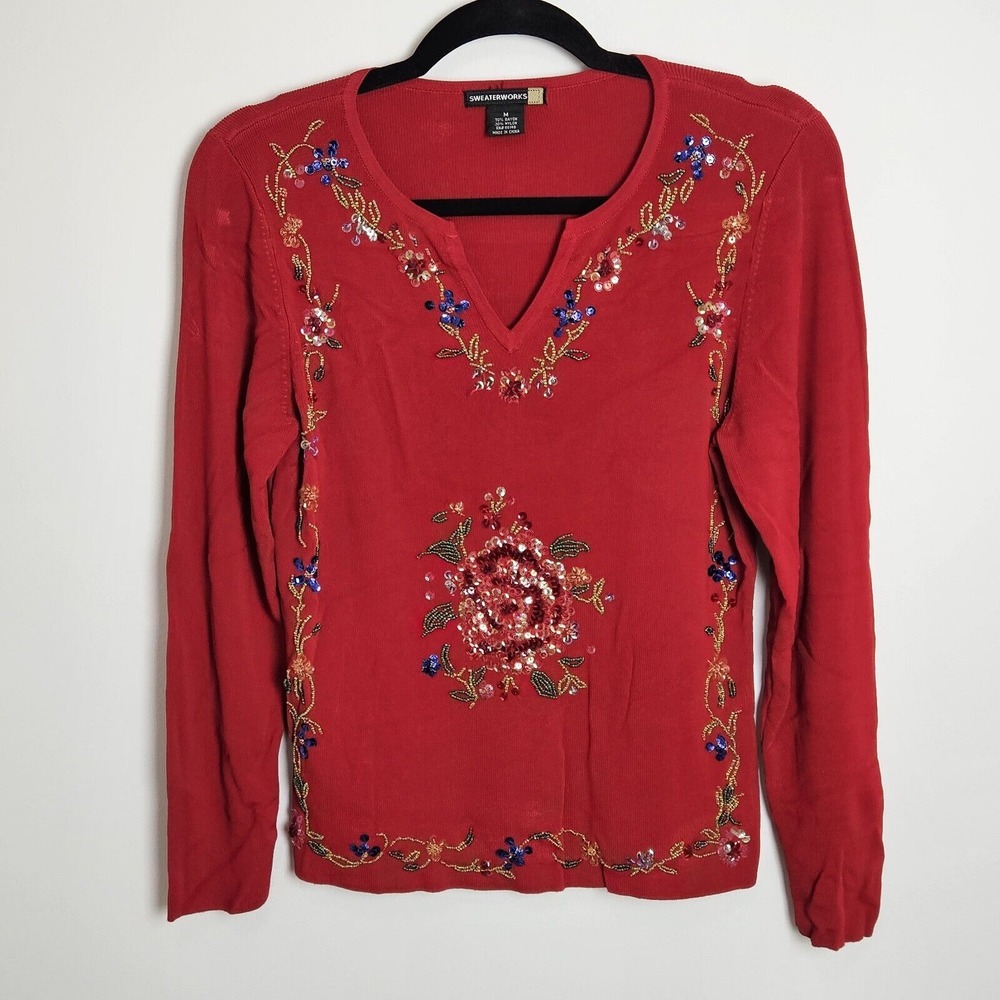 Sweaterworks Women's Size M Embellished Top Beaded Floral Red Knit Blouse